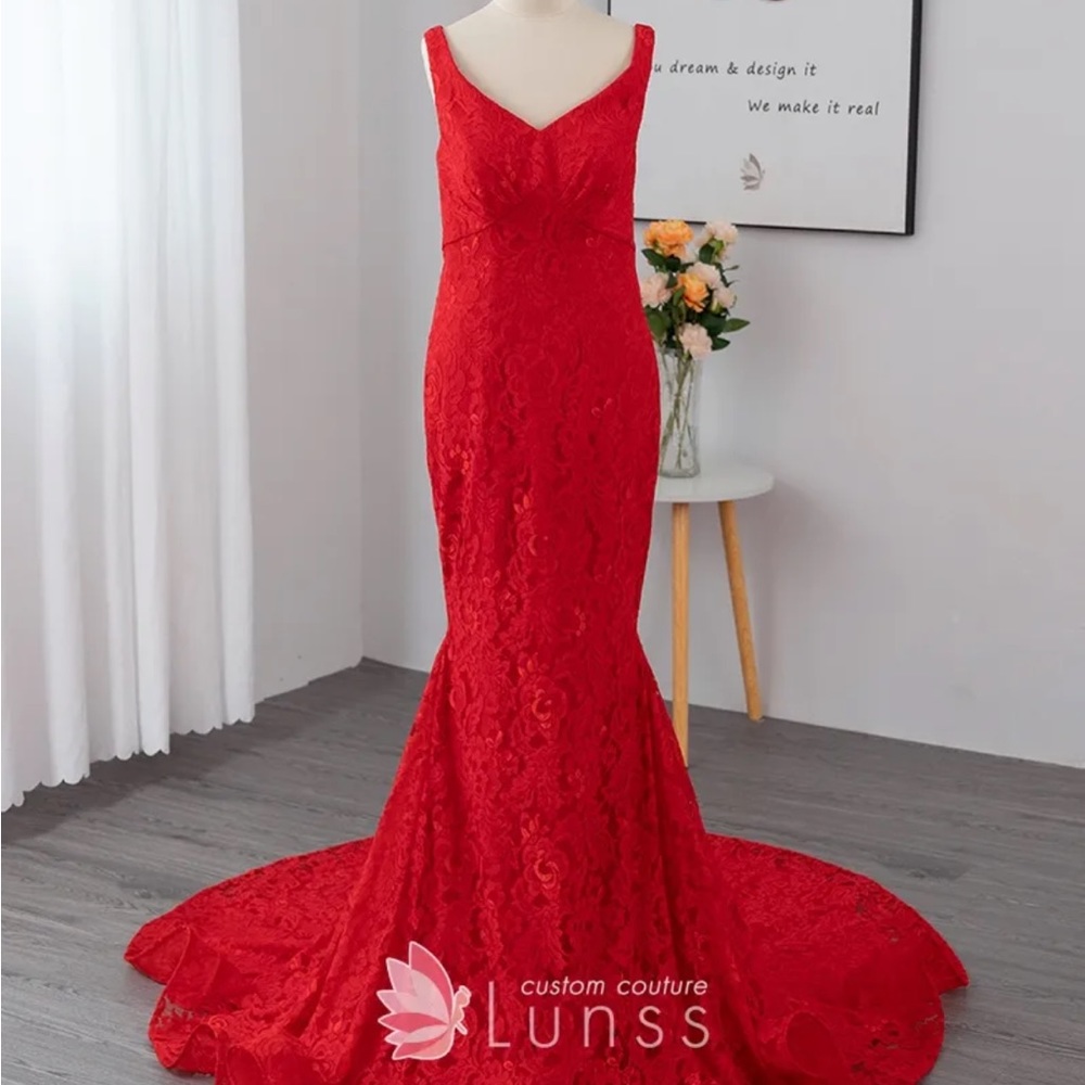 red lace prom dress with train